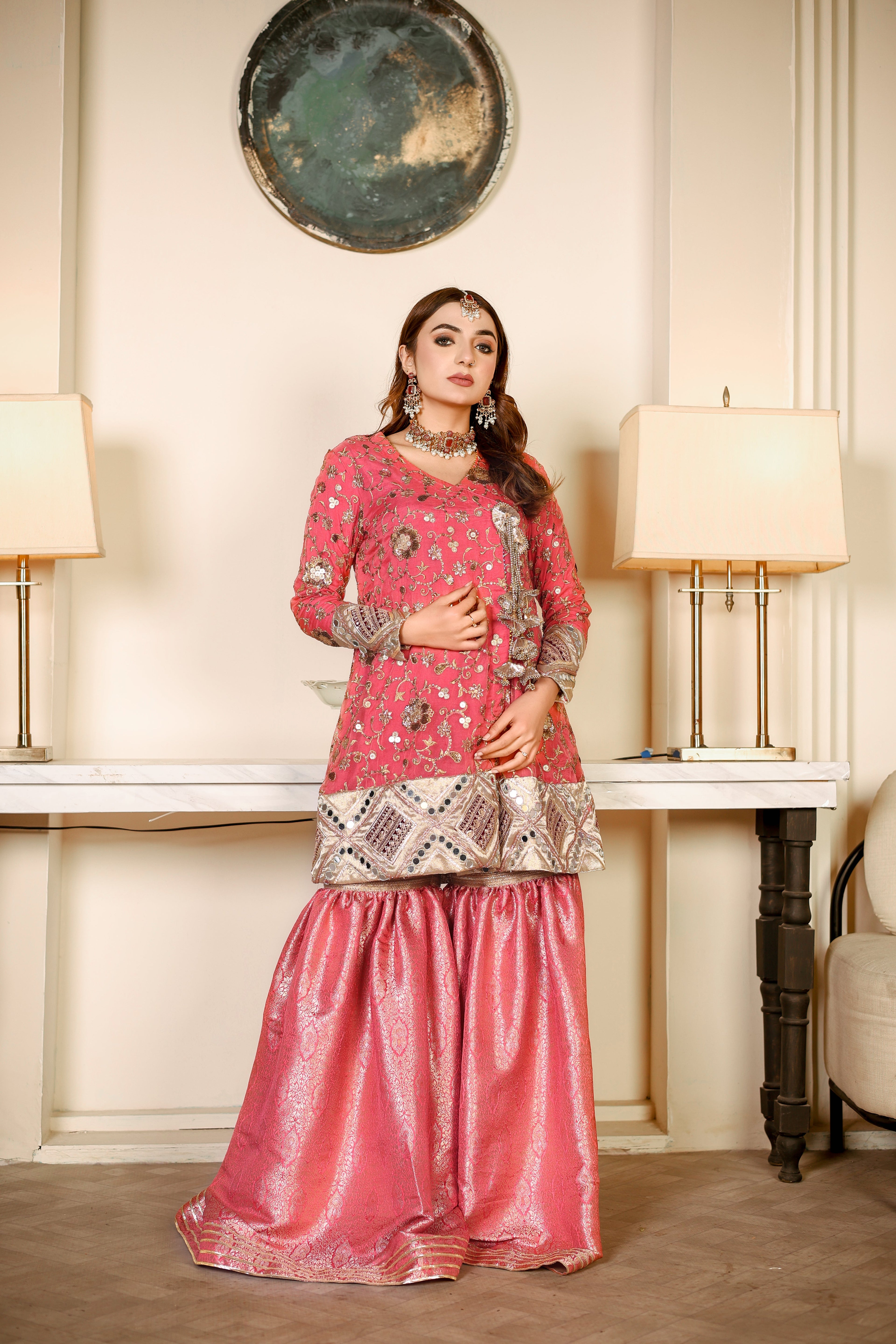 Coral Pink Angrakha with Gharara