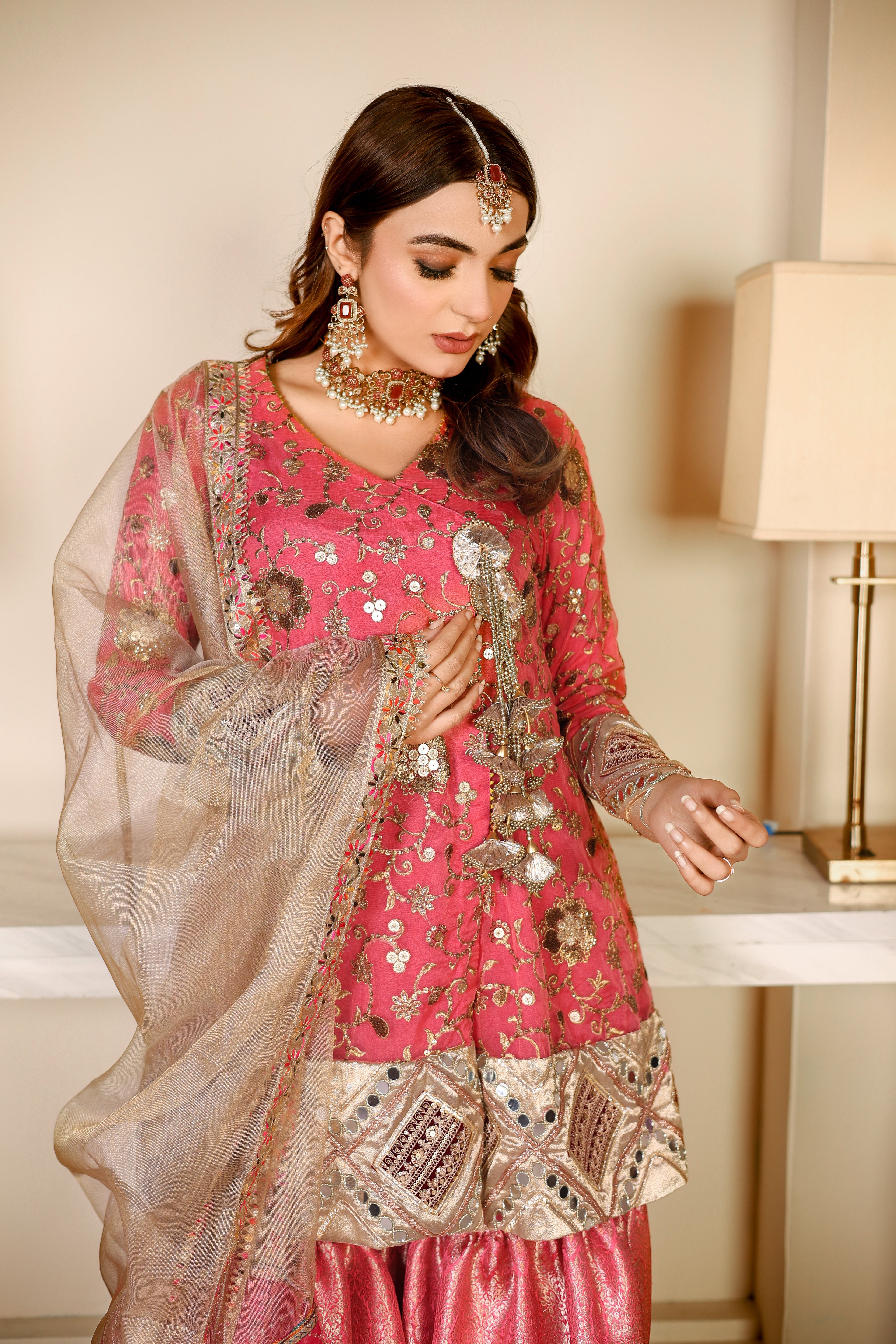 Coral Pink Angrakha with Gharara